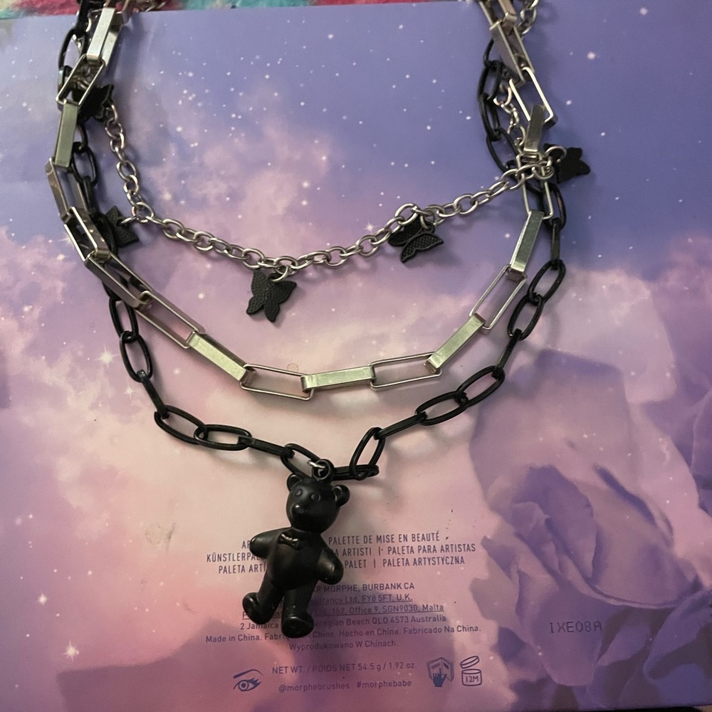 Layered e-girl necklace. Black bear and chains